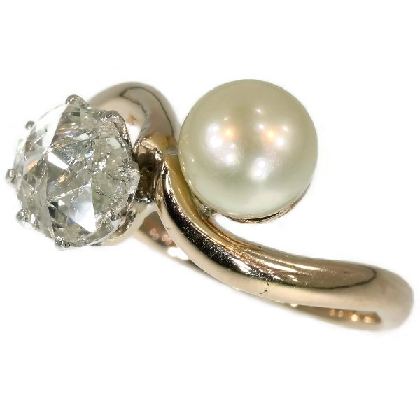 Late Victorian toi et moi antique ring with big rose cut diamond and pearl